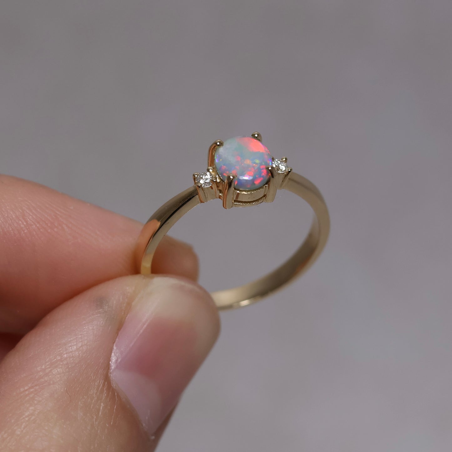 Semi-Black Opal Ring With Diamonds - 14K Yellow Gold