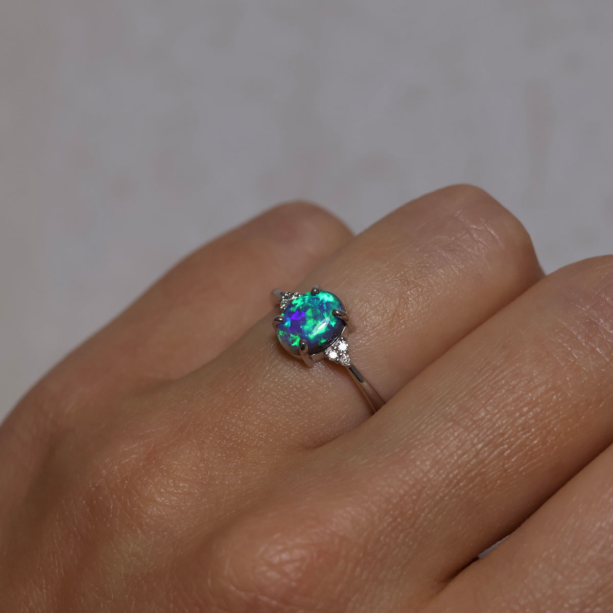 Black Opal Ring With Diamonds - 18K White Gold