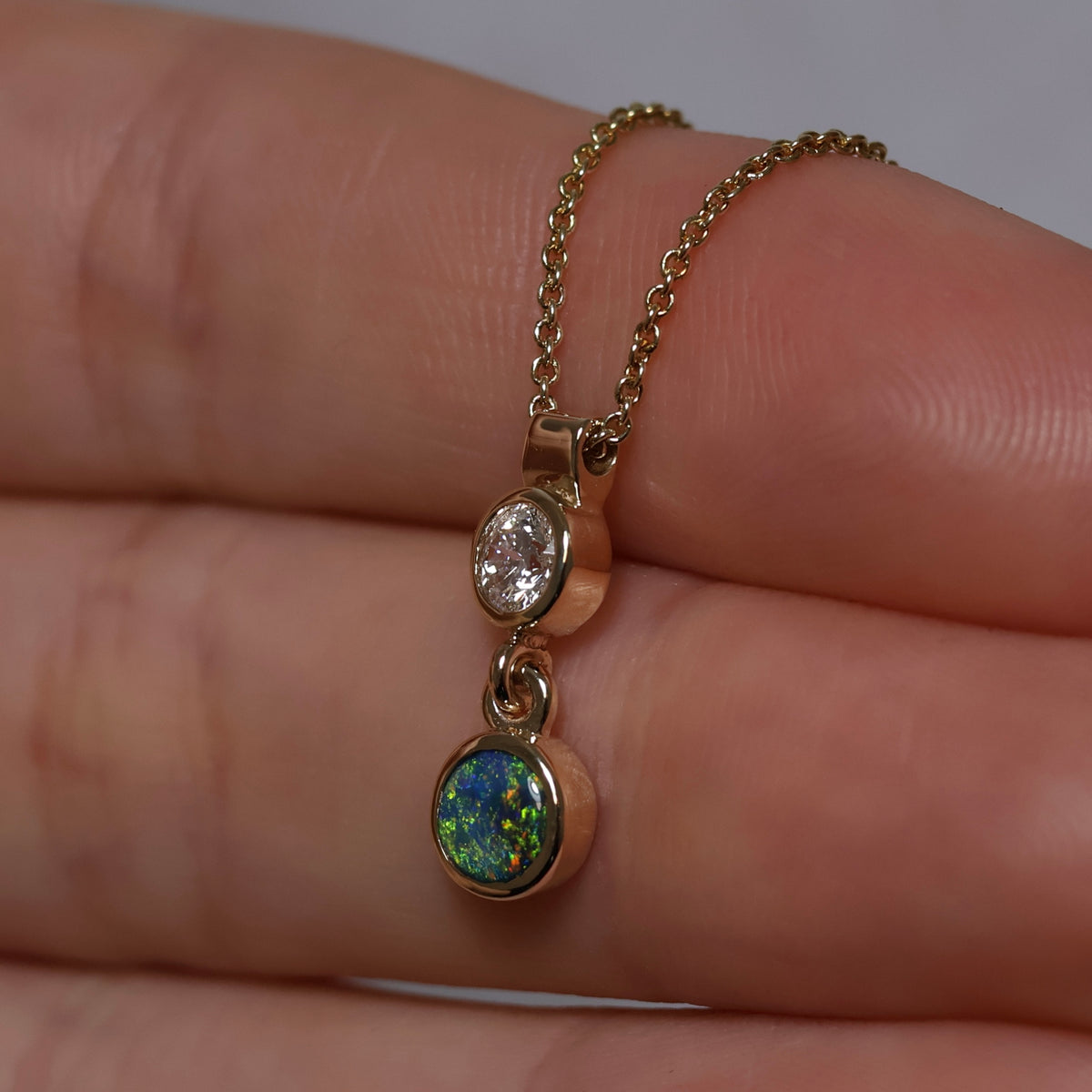 Black Opal and Lab Diamond Pendant - 9K Yellow Gold