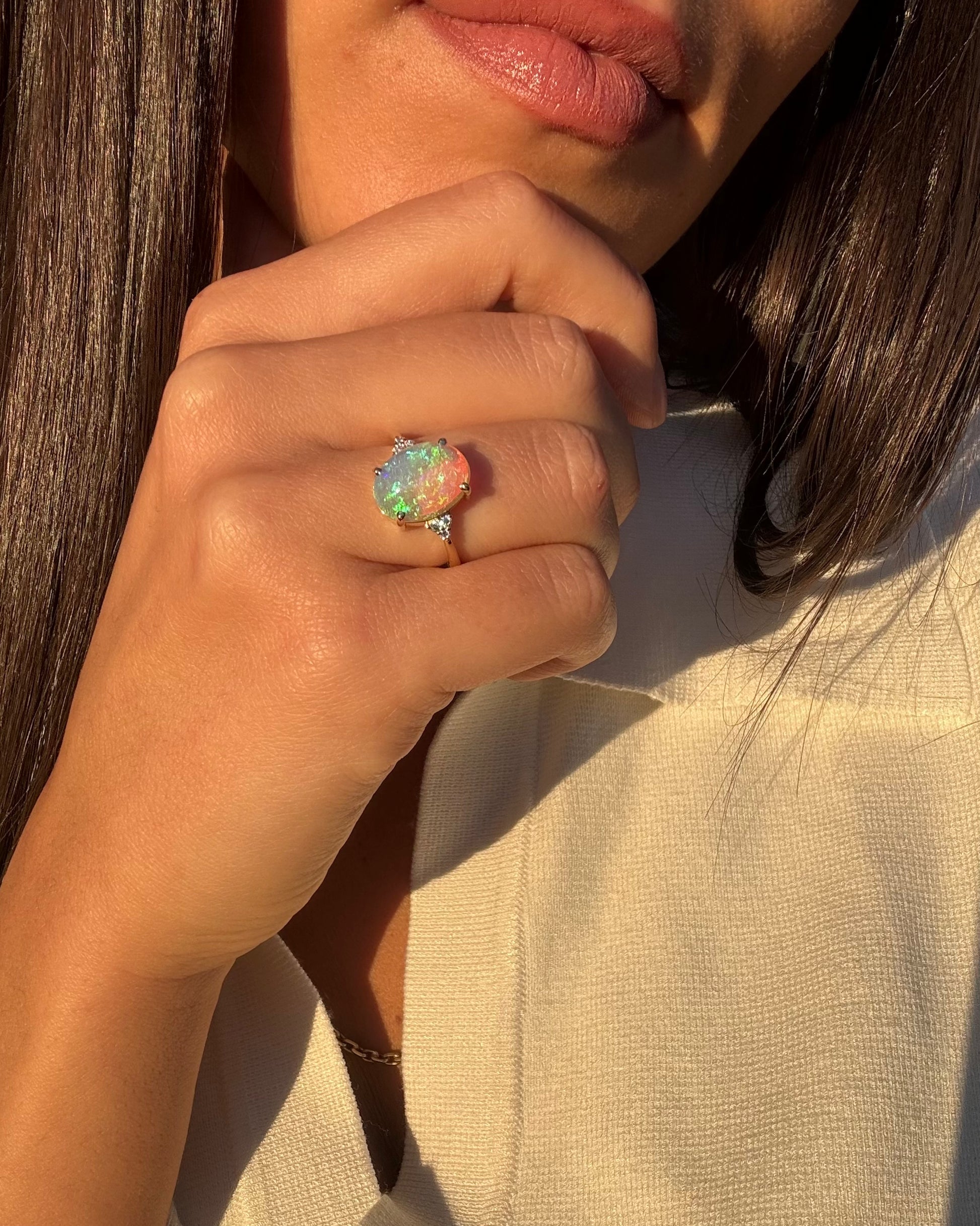 Crystal Opal Ring With Diamonds - 18K Yellow Gold