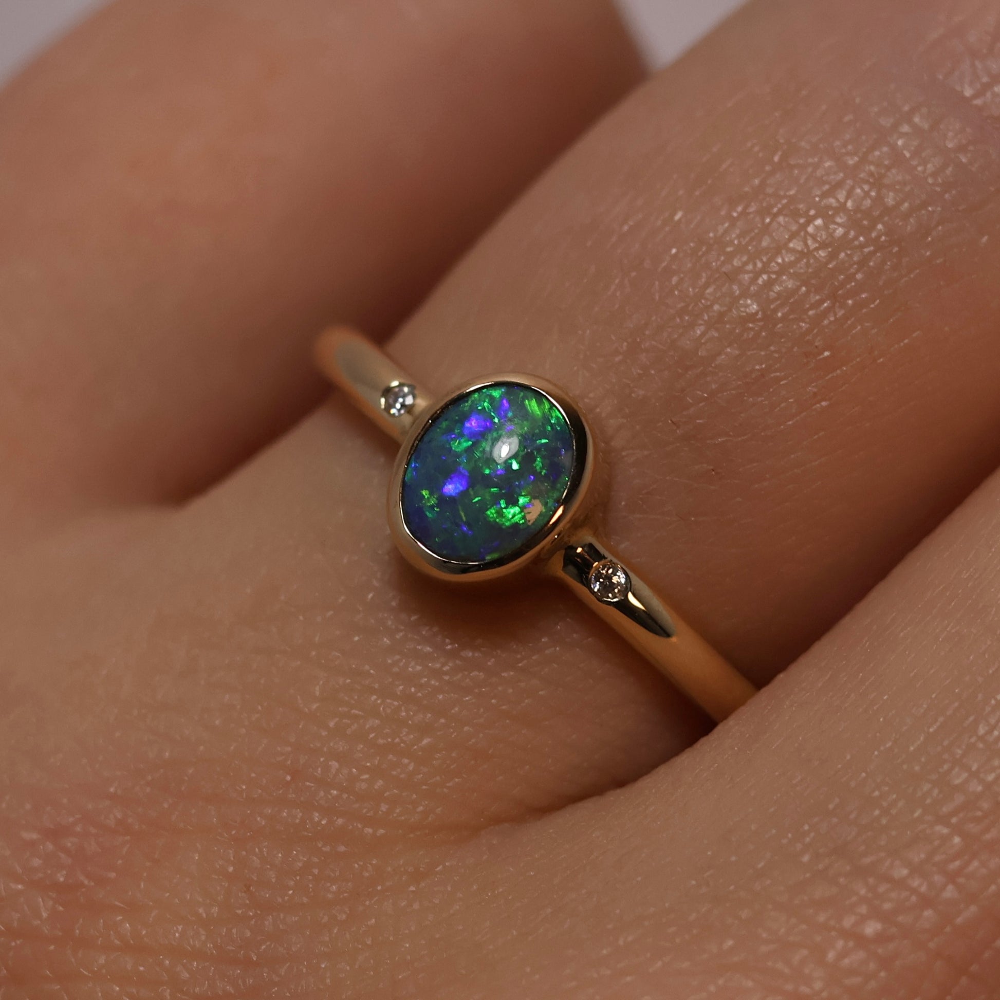 Oval Opal Ring With Diamonds - 14K Yellow Gold