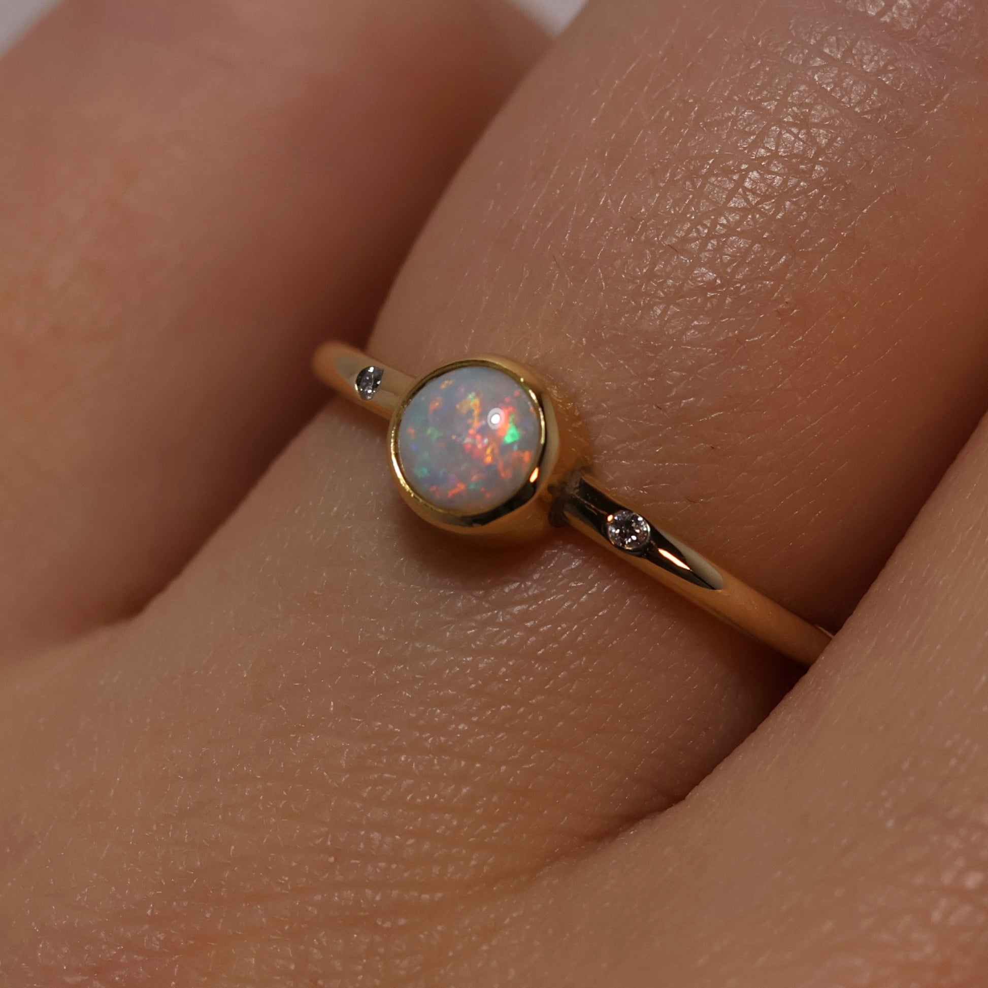 Round Opal Ring With Diamonds - 14K Yellow Gold