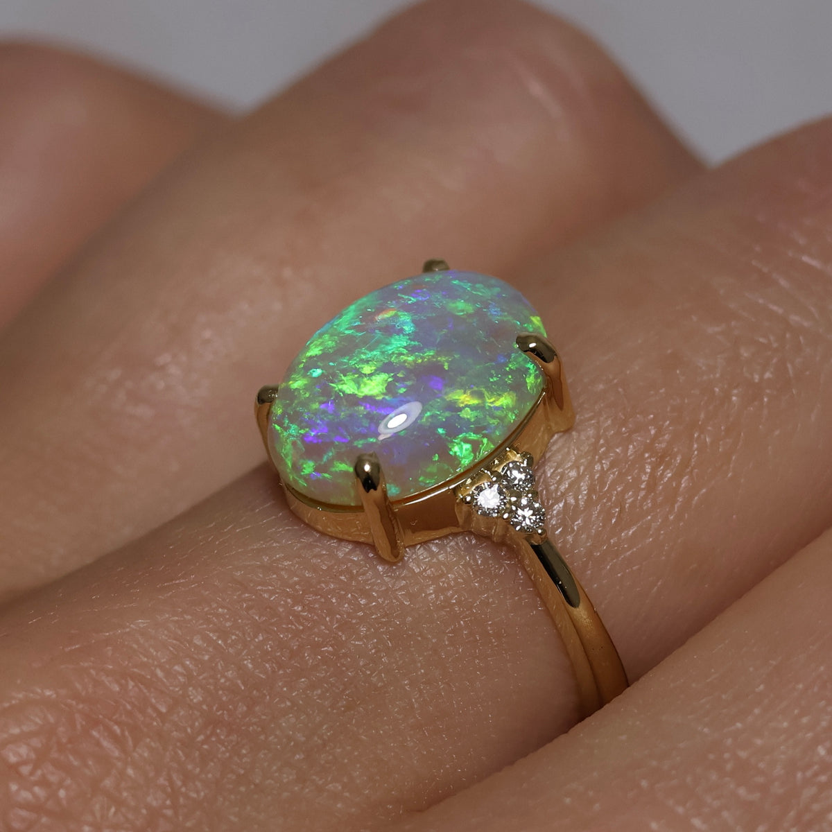 Crystal Opal Ring With Diamonds - 18K Yellow Gold