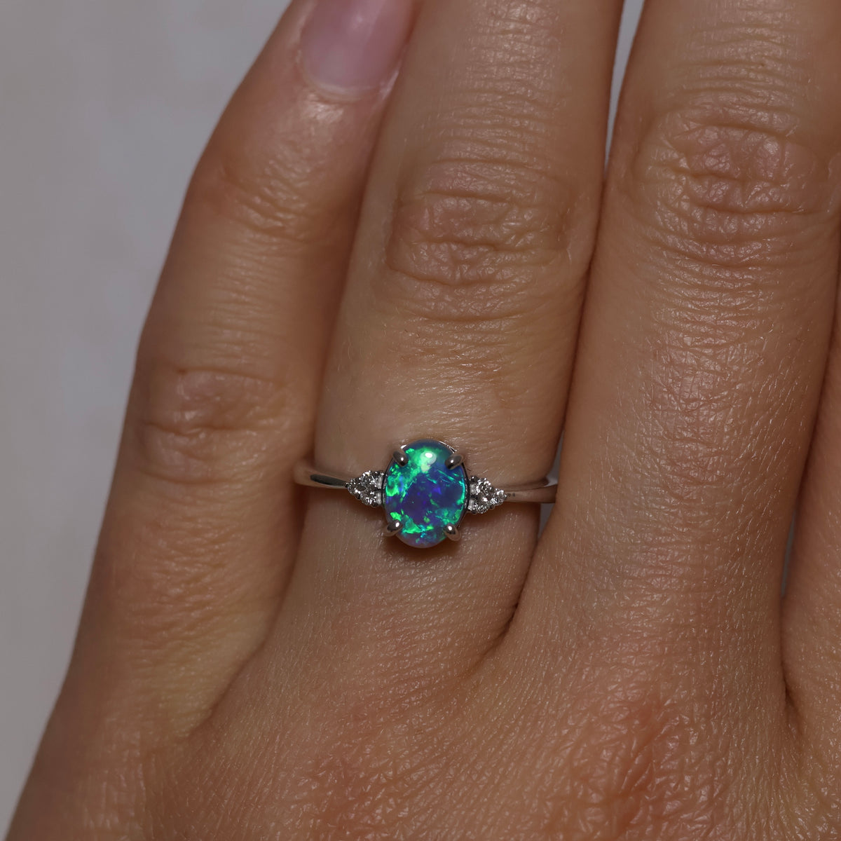 Black Opal Ring With Diamonds - 18K White Gold