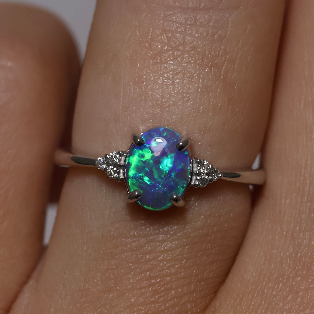 Black Opal Ring With Diamonds - 18K White Gold