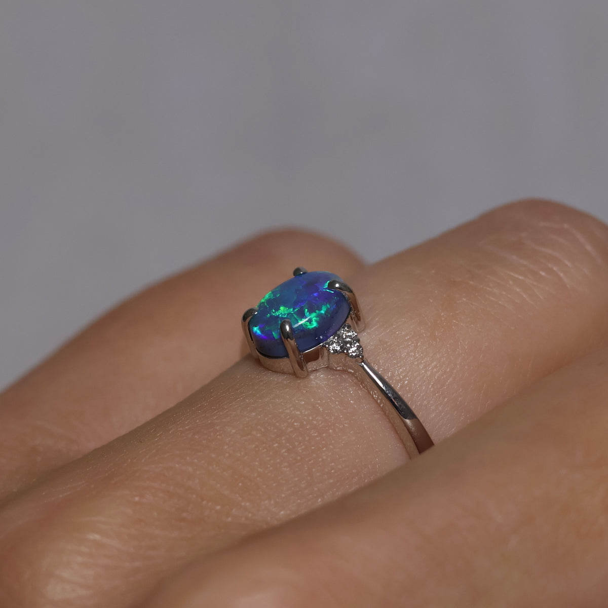 Black Opal Ring With Diamonds - 18K White Gold