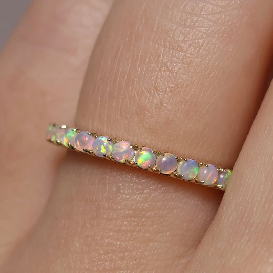 13 Stone Crystal Opal Ring with 4 Diamonds - 14K Yellow Gold