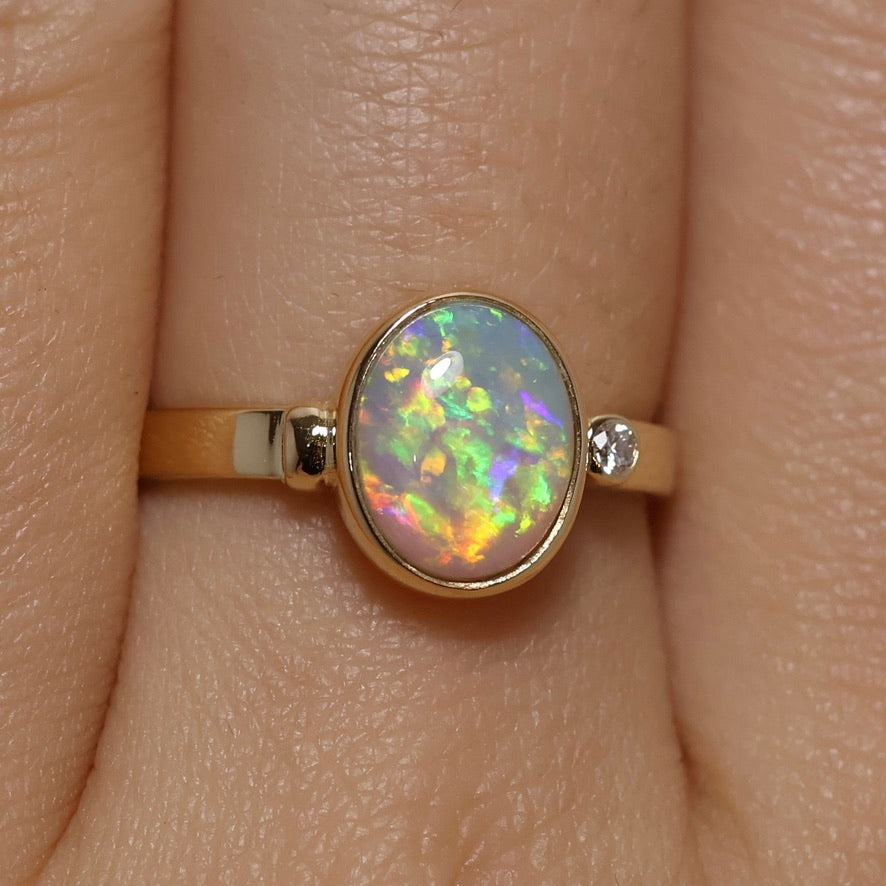 Crystal Opal Ring with Diamond - 18K Yellow Gold