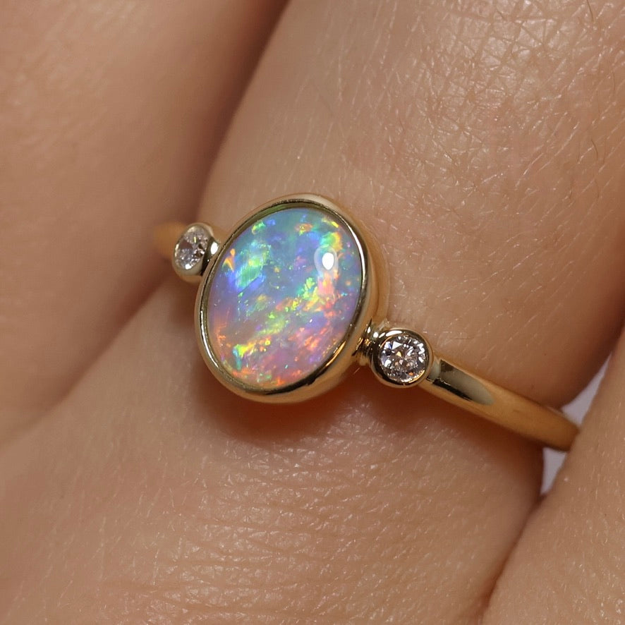 Crystal Opal Ring with Diamonds - 18K Yellow Gold