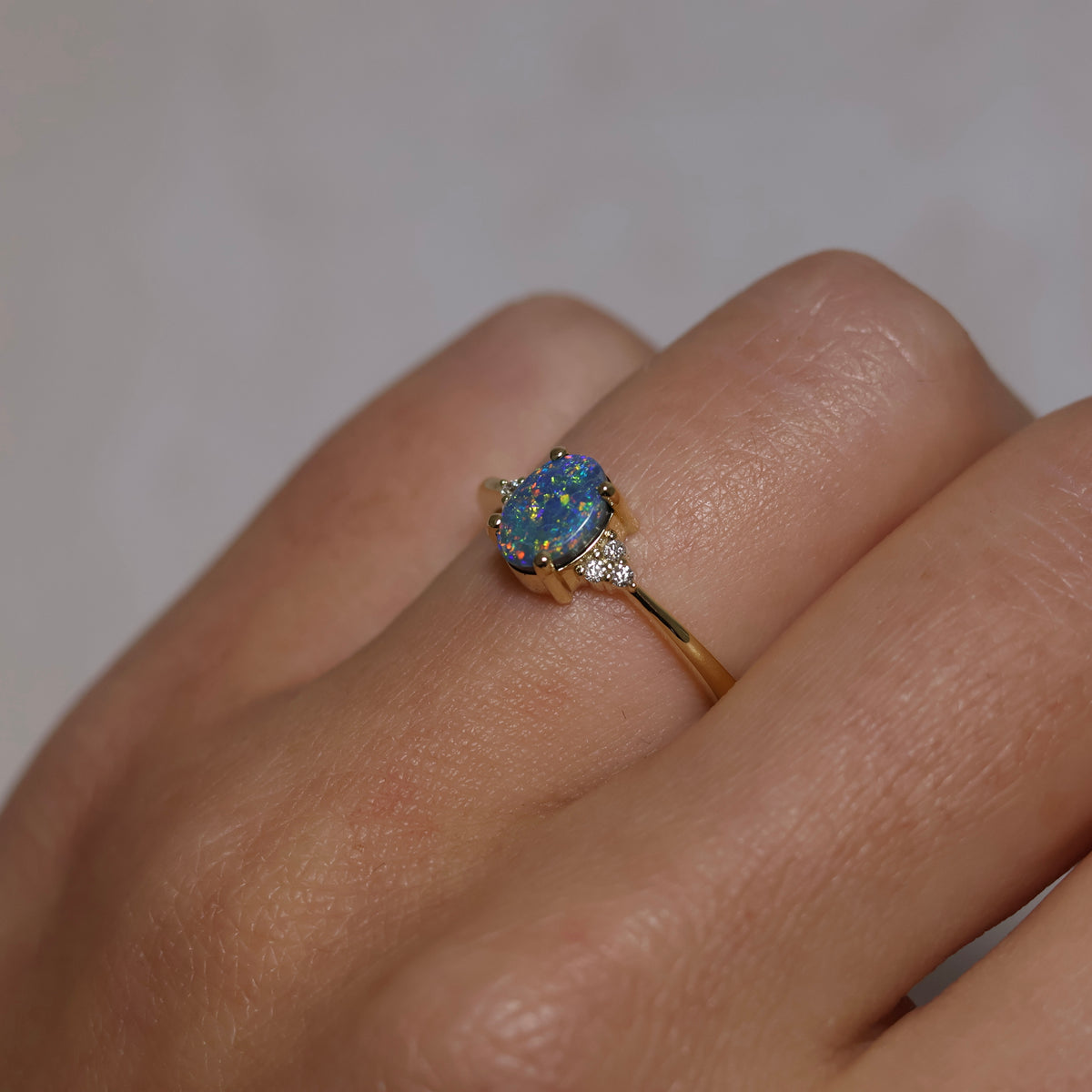 Black Opal Ring With Diamonds - 18K Yellow Gold