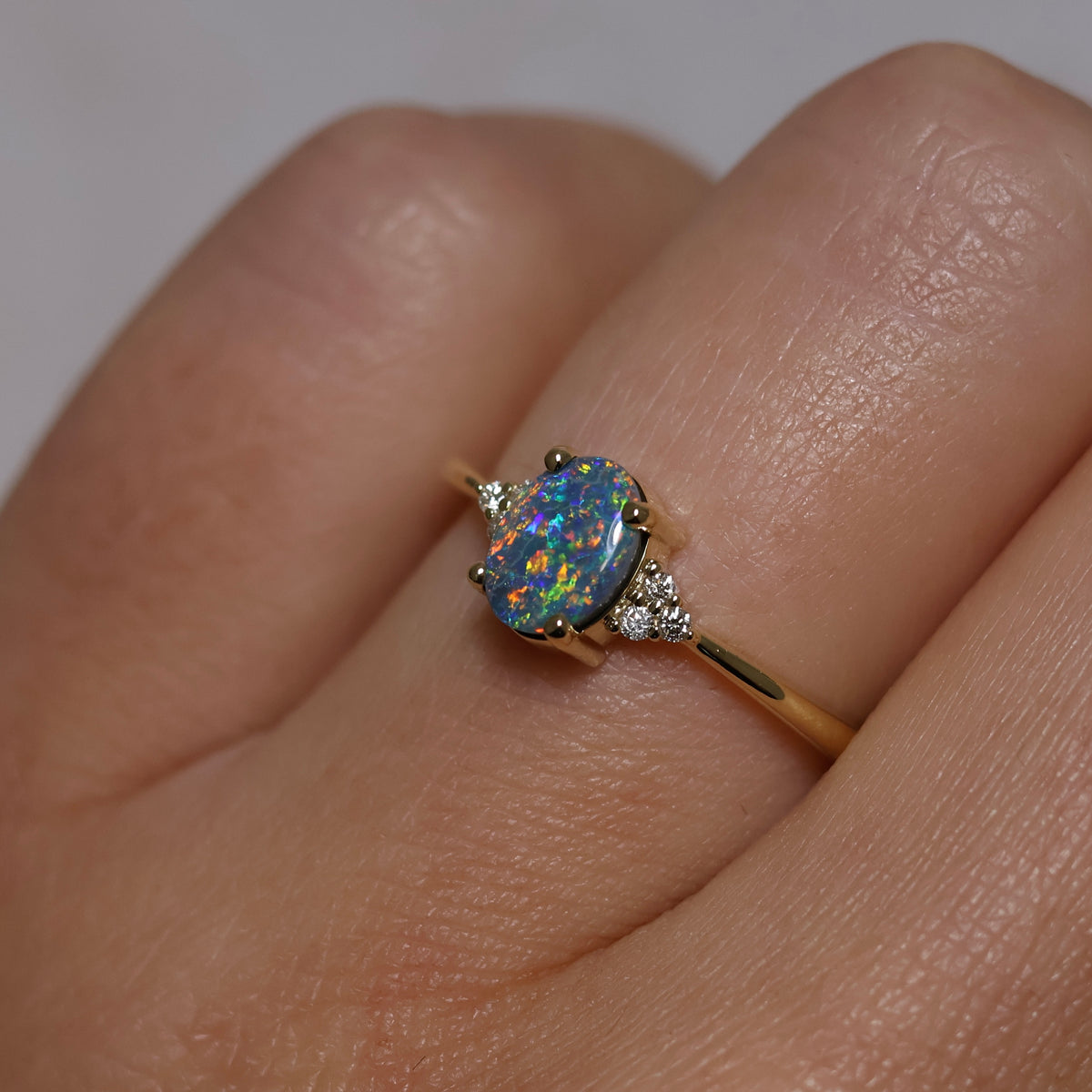 Black Opal Ring With Diamonds - 18K Yellow Gold