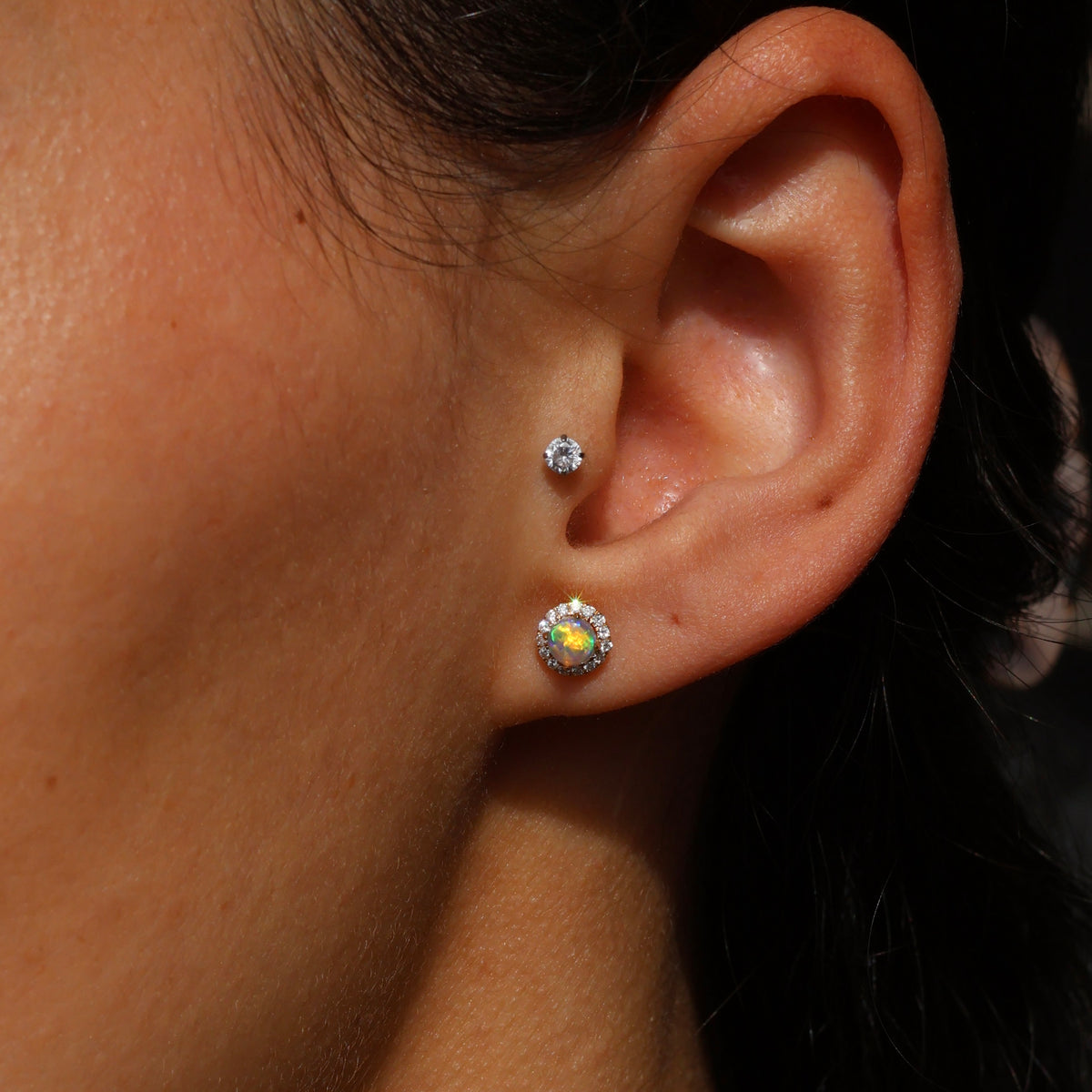 4mm Crystal Opal Studs With Diamonds - 18K Yellow Gold