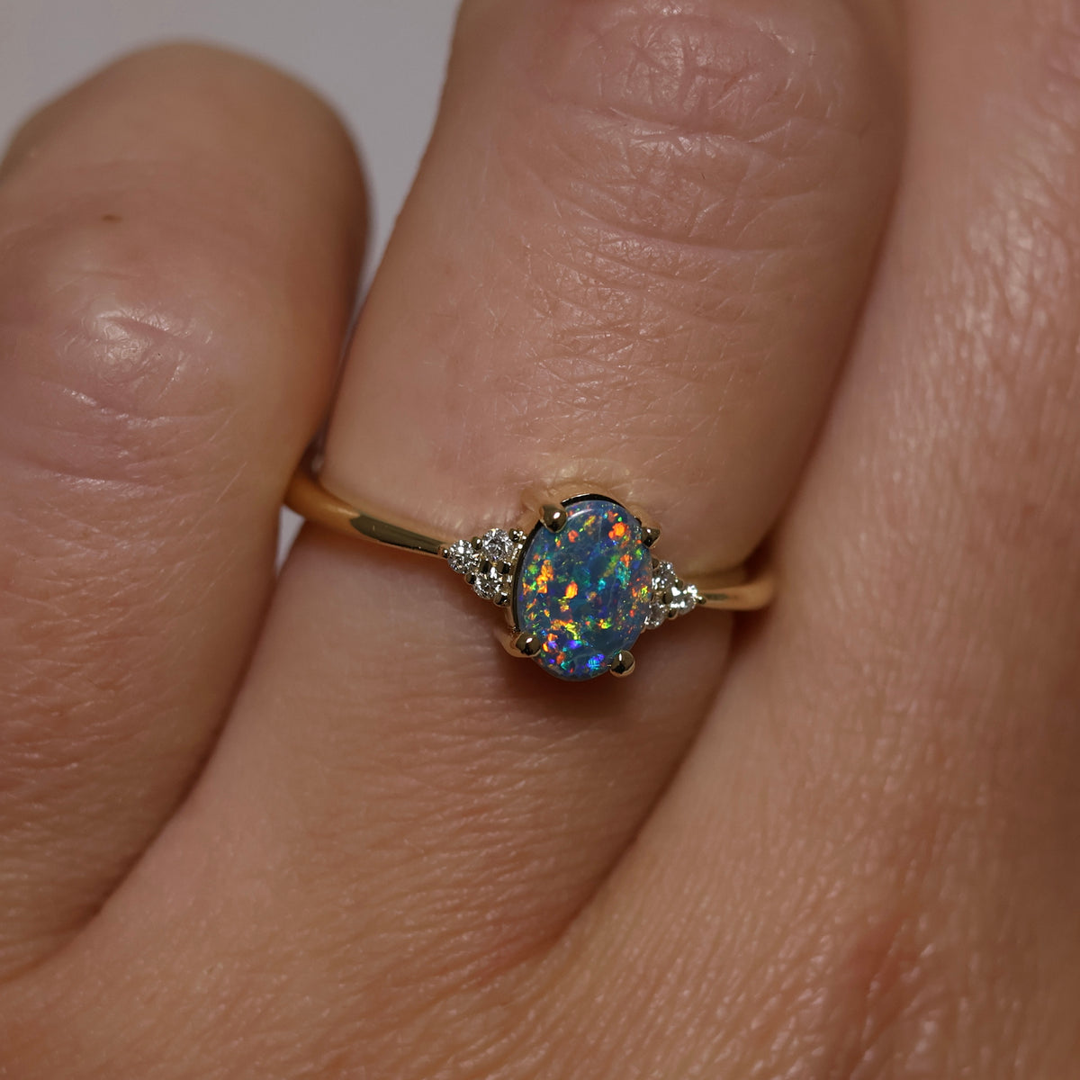 Black Opal Ring With Diamonds - 18K Yellow Gold
