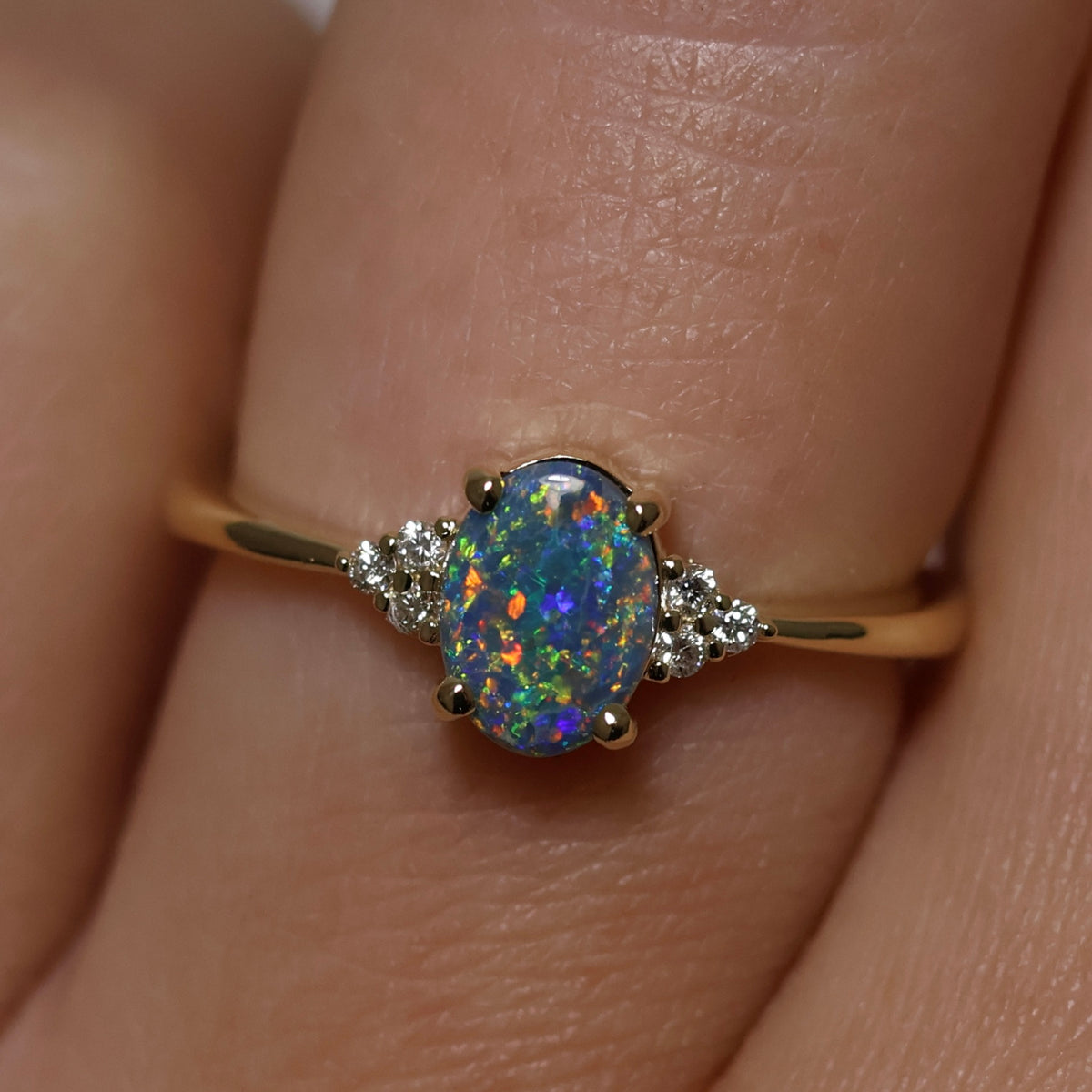 Black Opal Ring With Diamonds - 18K Yellow Gold