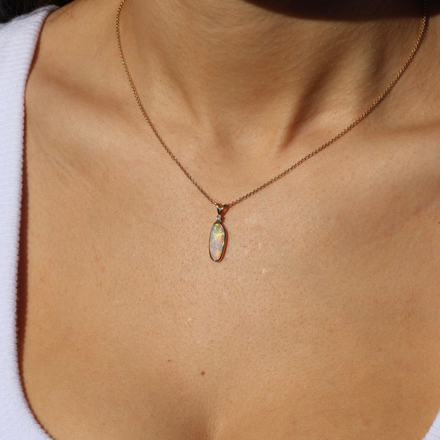 Crystal Opal Pendant With Diamond - 18K Yellow Gold