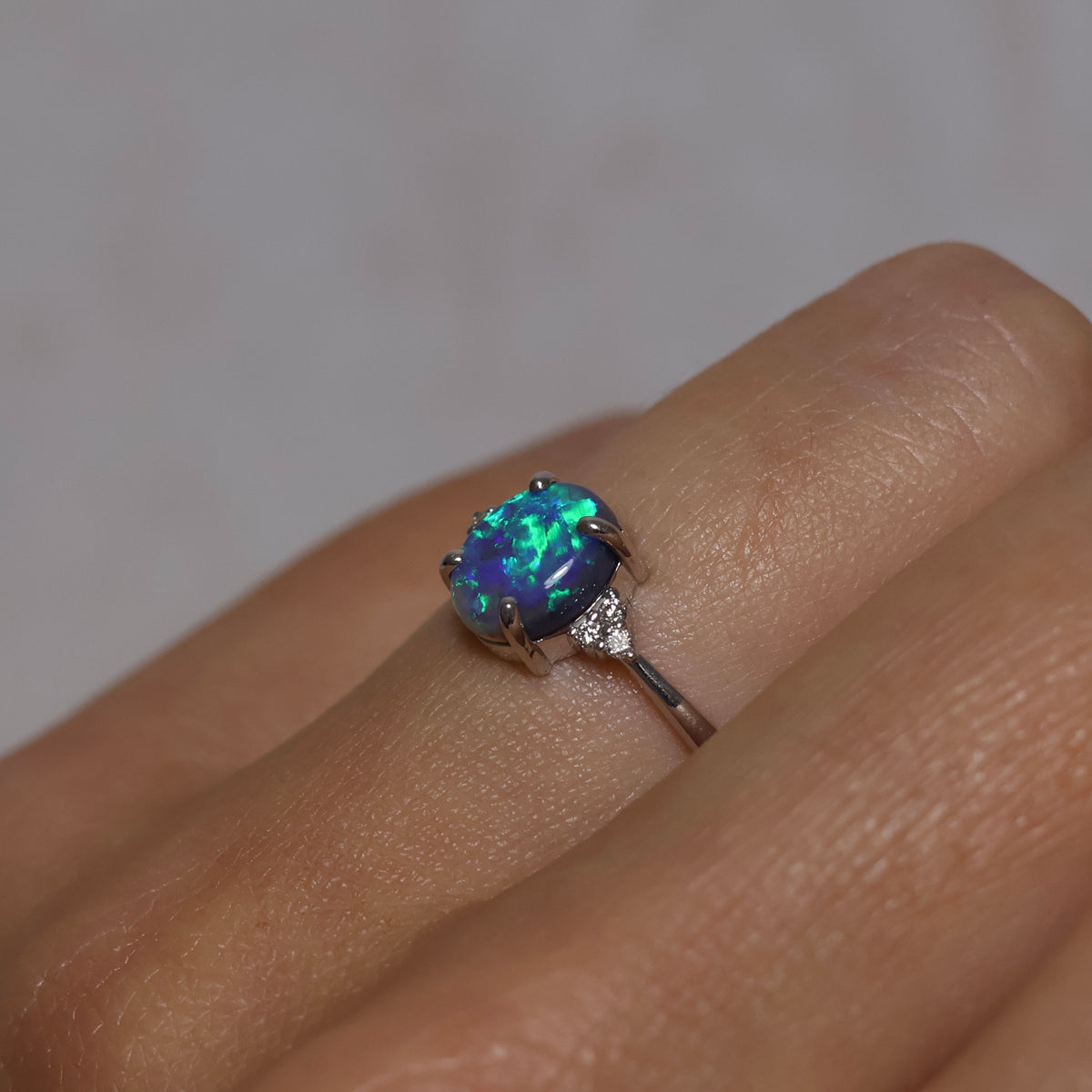 Black Opal Ring With Diamonds - 18K White Gold