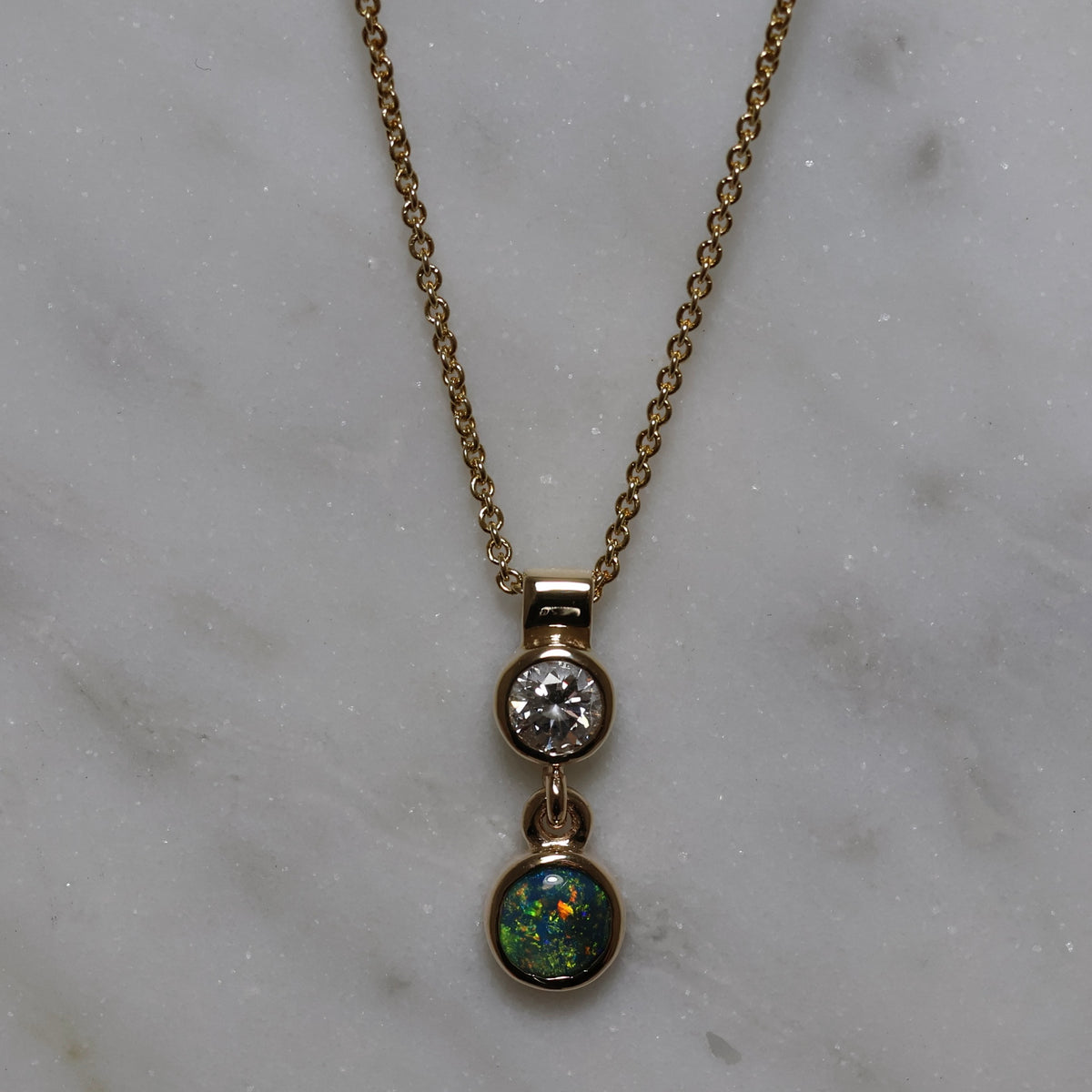 Black Opal and Lab Diamond Pendant - 9K Yellow Gold