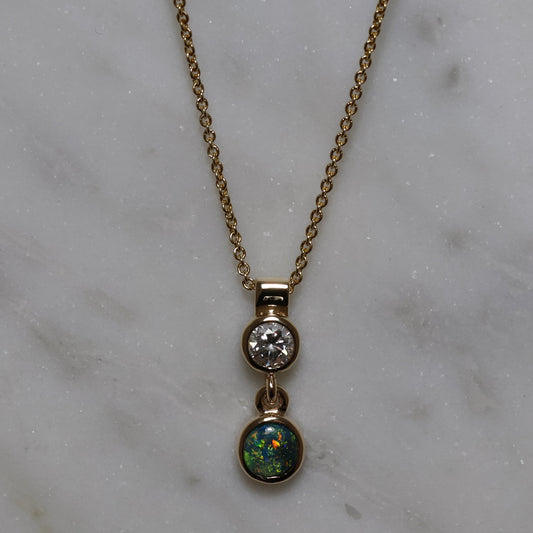 Black Opal and Lab Diamond Pendant - 9K Yellow Gold