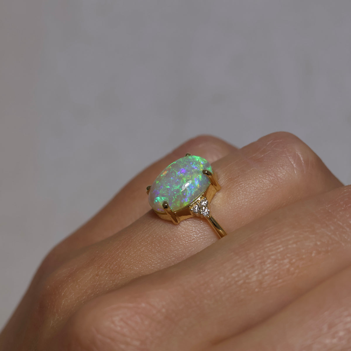 Crystal Opal Ring With Diamonds - 18K Yellow Gold