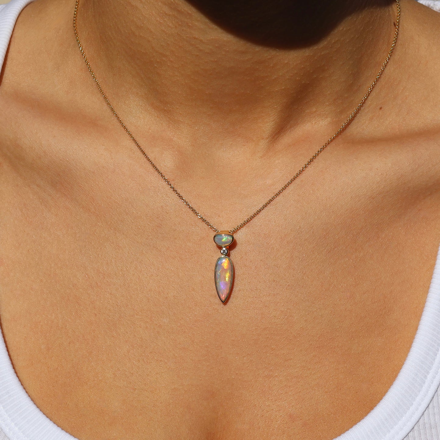 Two Stone Crystal Opal Pendant - 18K Yellow Gold