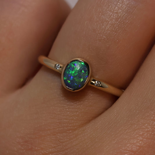 Oval Opal Ring With Diamonds - 14K Yellow Gold