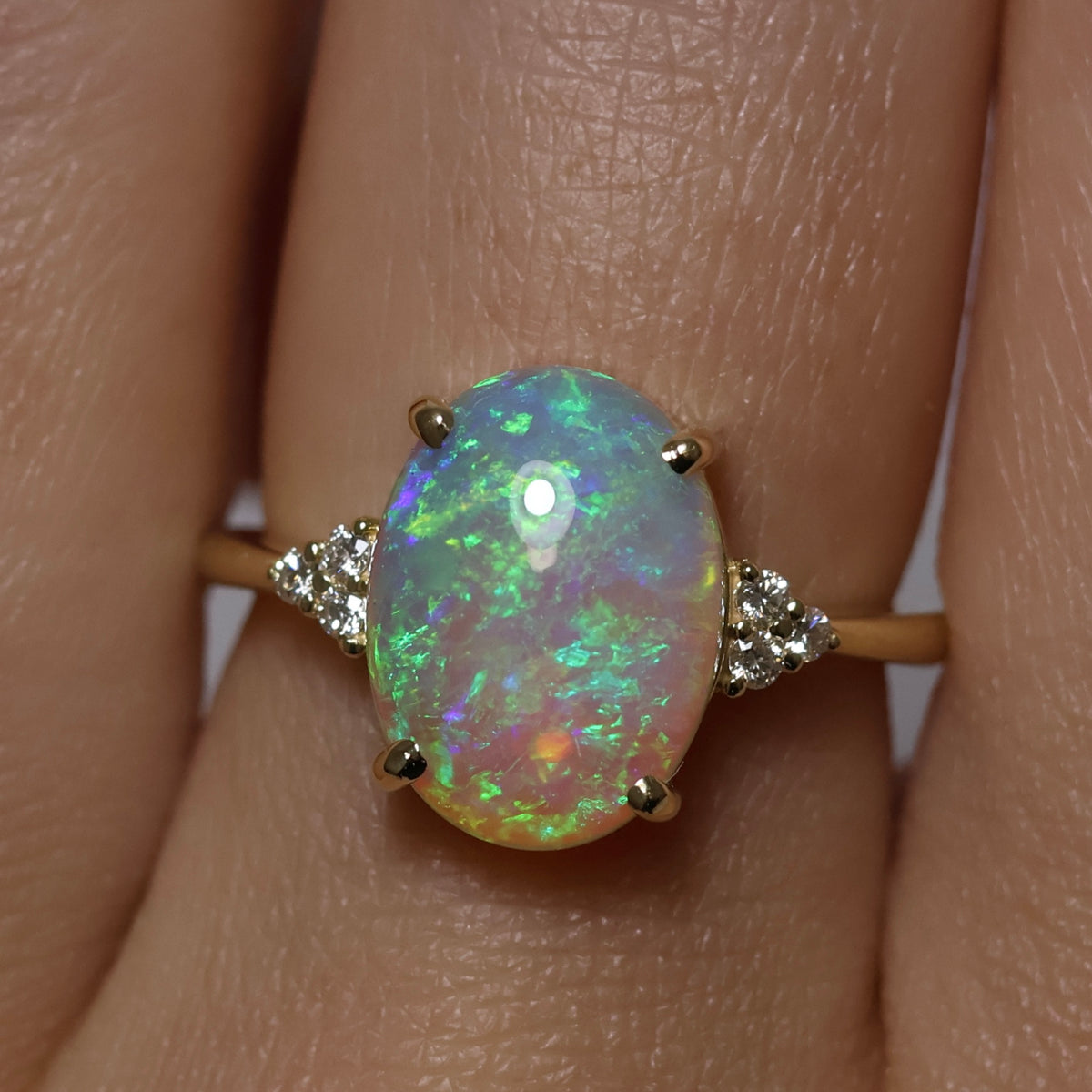 Crystal Opal Ring With Diamonds - 18K Yellow Gold