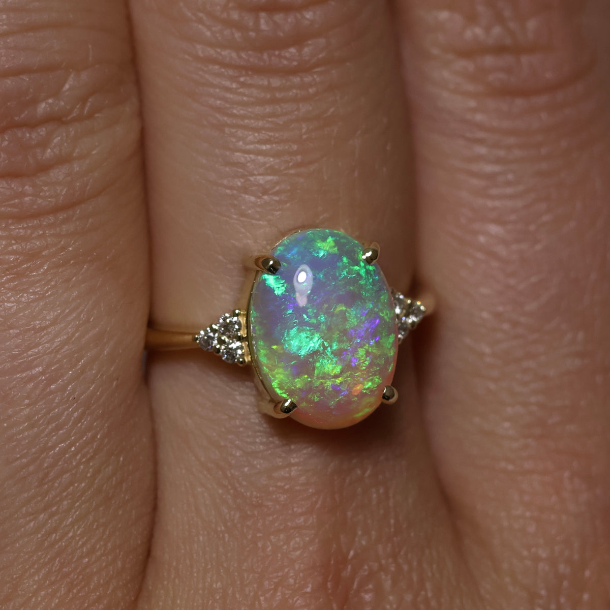 Crystal Opal Ring With Diamonds - 18K Yellow Gold