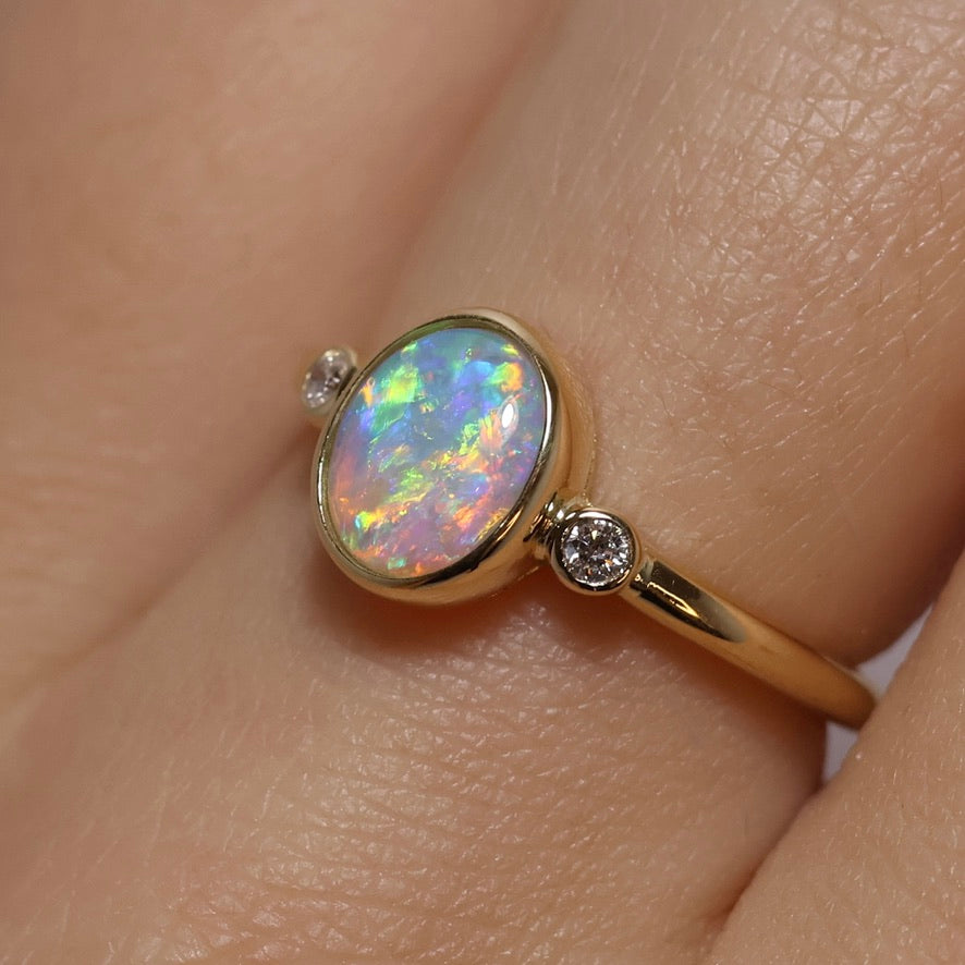 Crystal Opal Ring with Diamonds - 18K Yellow Gold