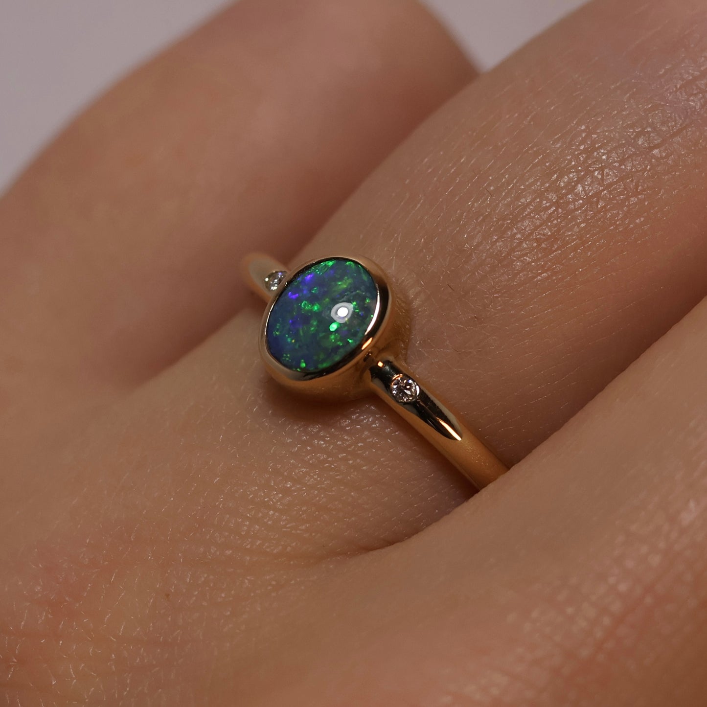 Oval Opal Ring With Diamonds - 14K Yellow Gold