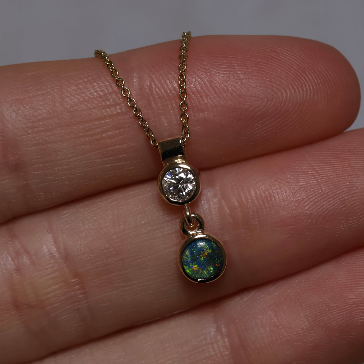 Black Opal and Lab Diamond Pendant - 9K Yellow Gold