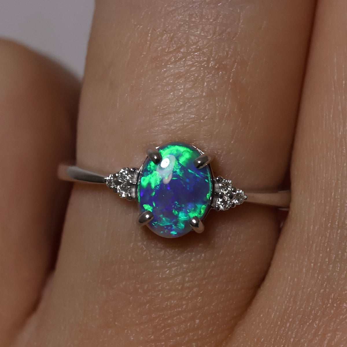Black Opal Ring With Diamonds - 18K White Gold