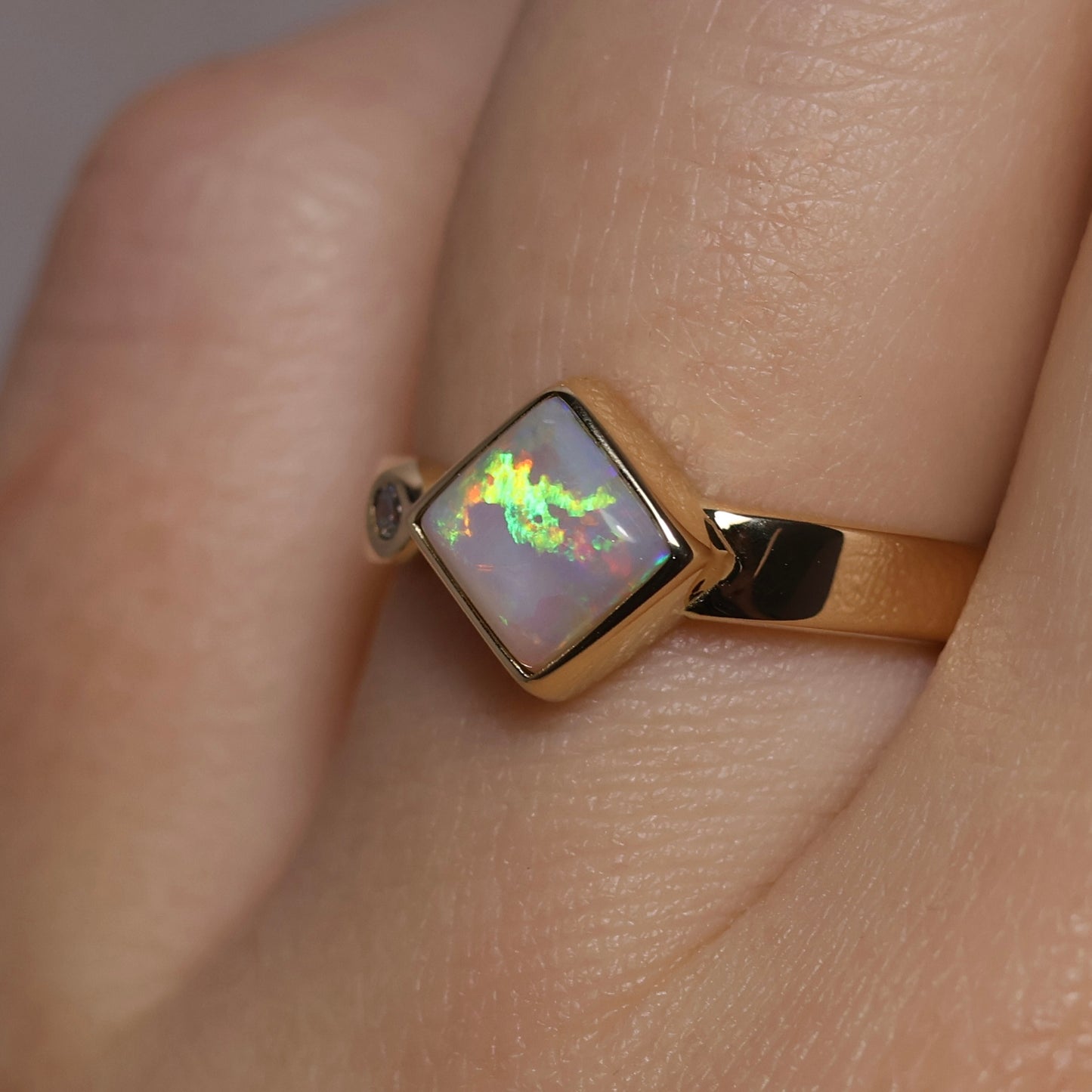 White Opal Ring with Diamond - 14K Yellow Gold