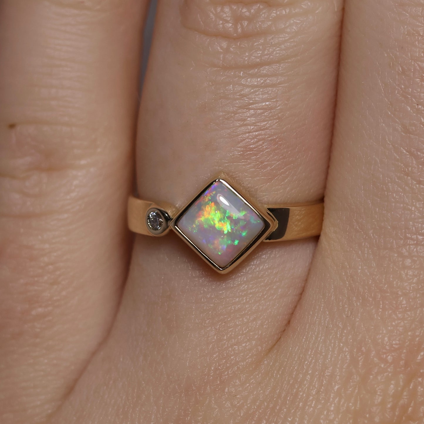 White Opal Ring with Diamond - 14K Yellow Gold