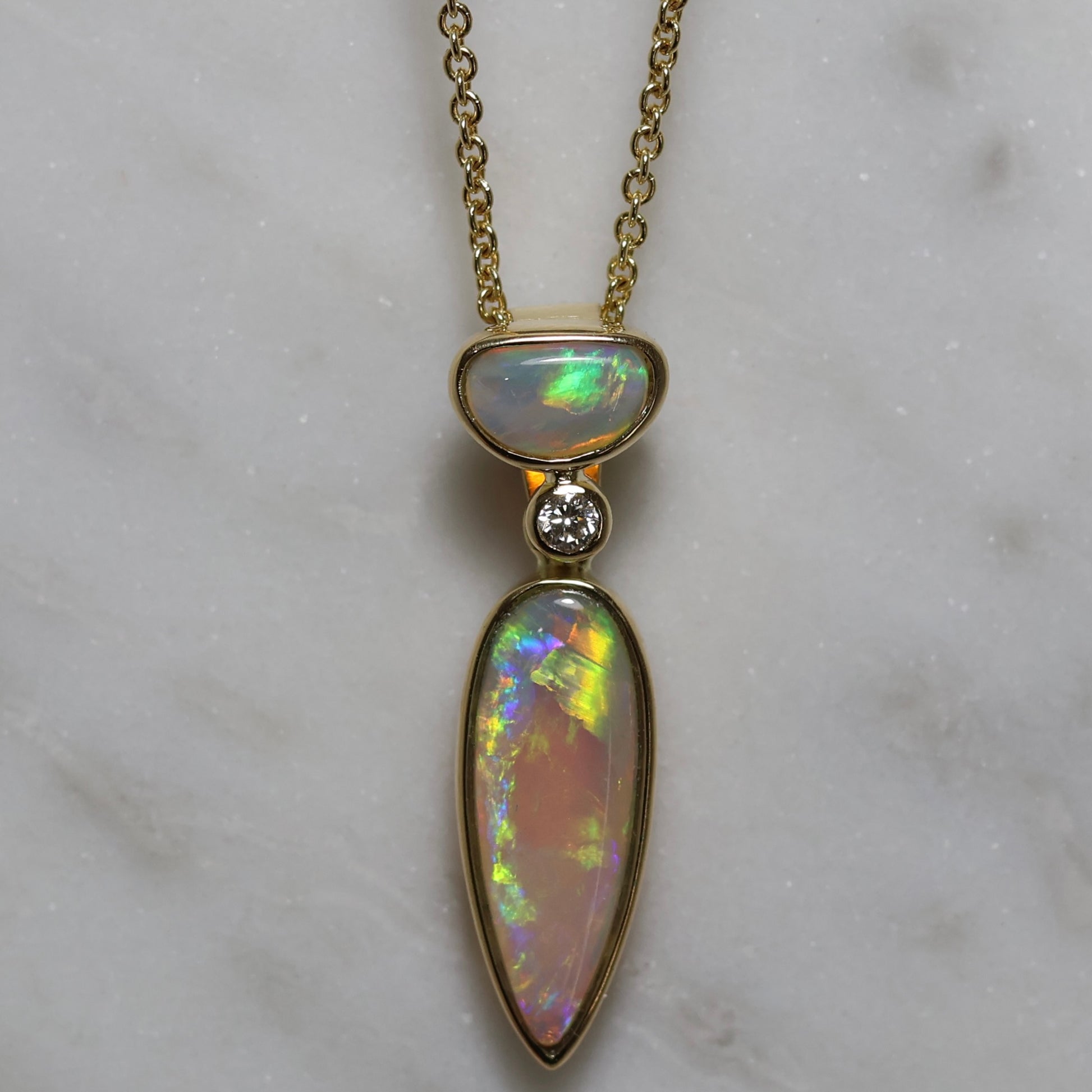 Two Stone Crystal Opal Pendant - 18K Yellow Gold