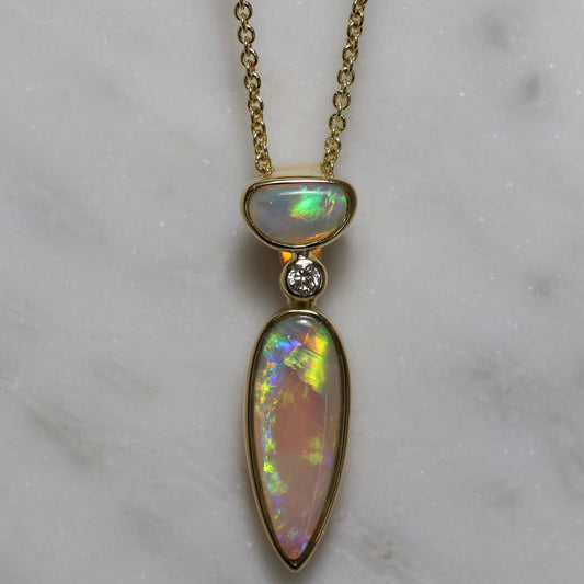 Two Stone Crystal Opal Pendant - 18K Yellow Gold