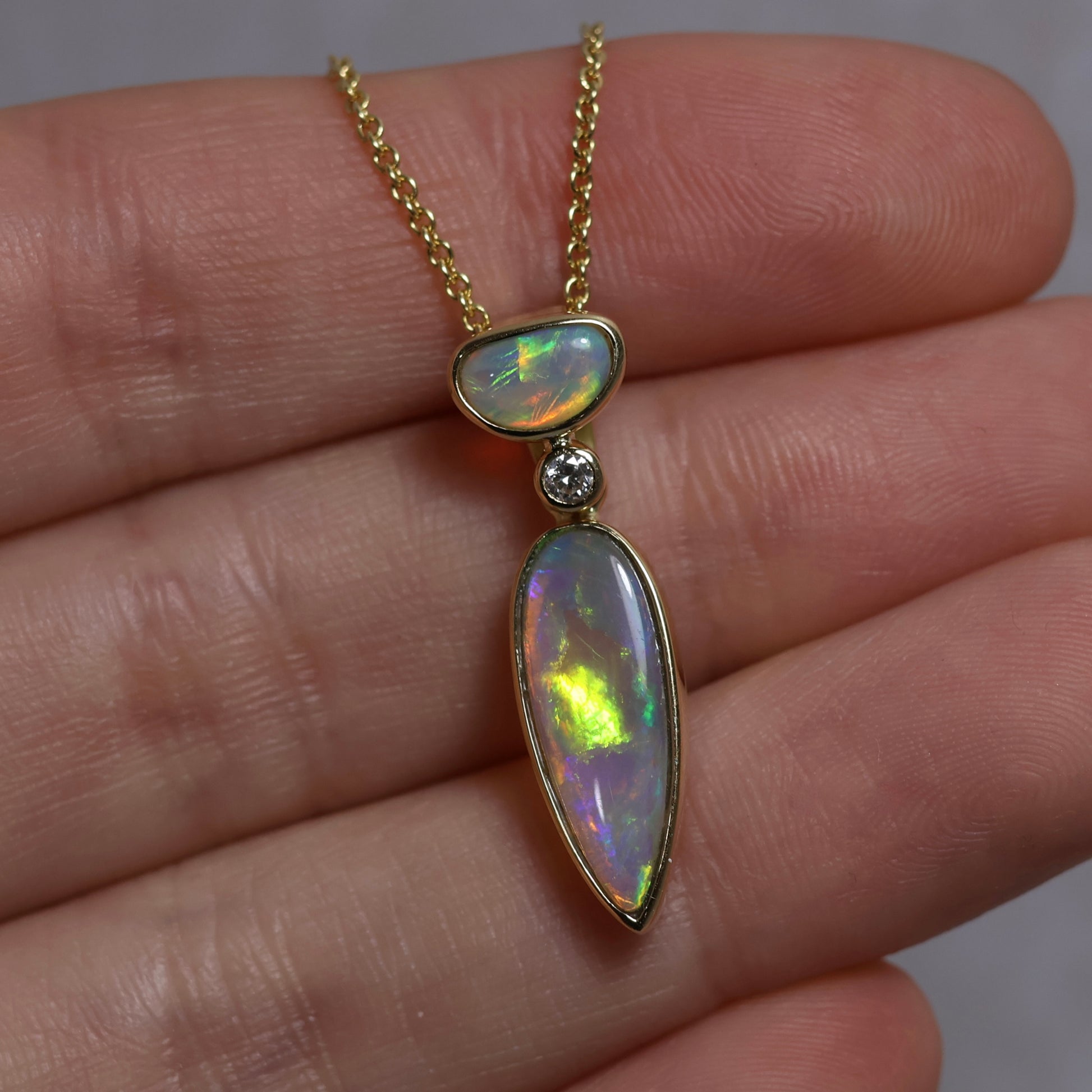 Two Stone Crystal Opal Pendant - 18K Yellow Gold