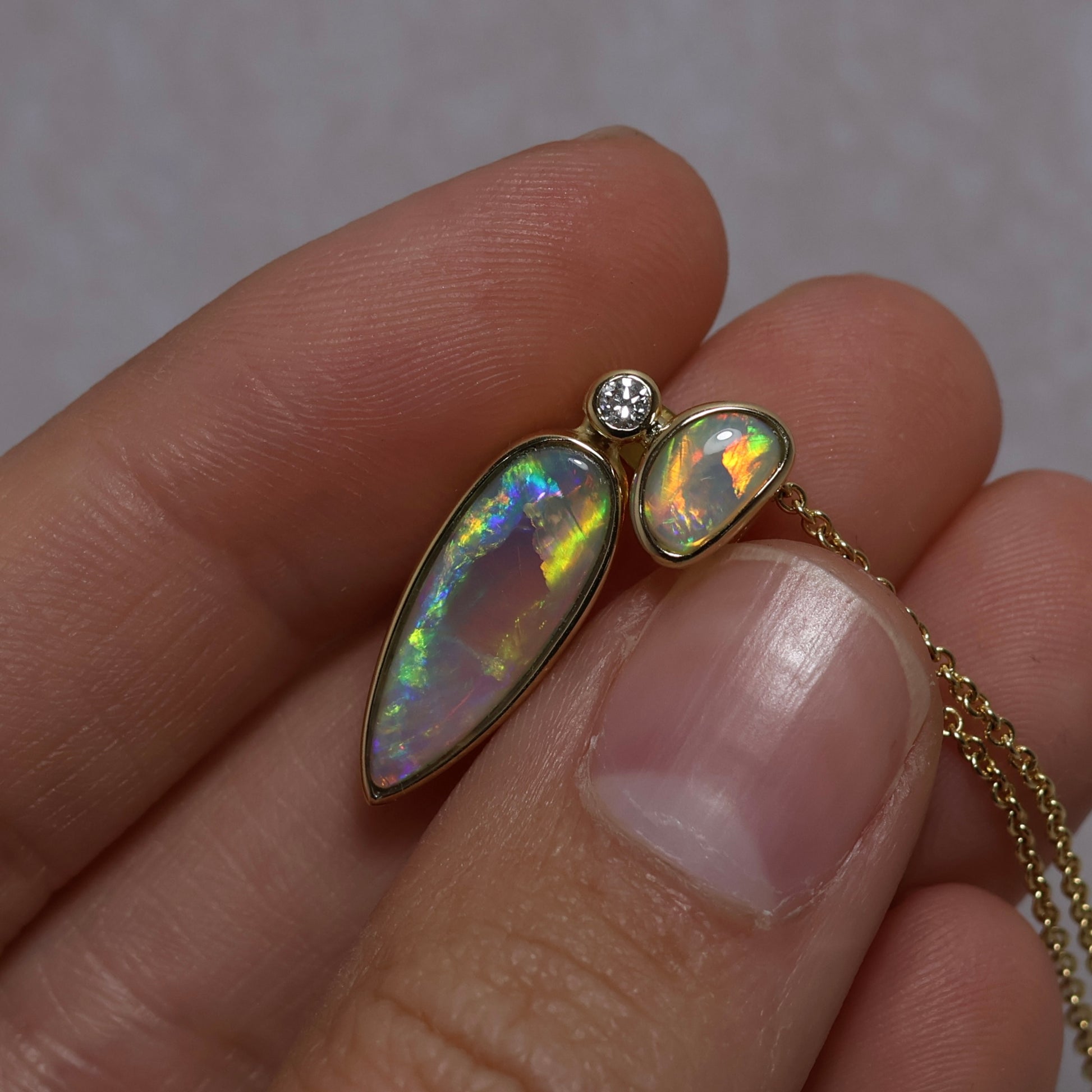 Two Stone Crystal Opal Pendant - 18K Yellow Gold