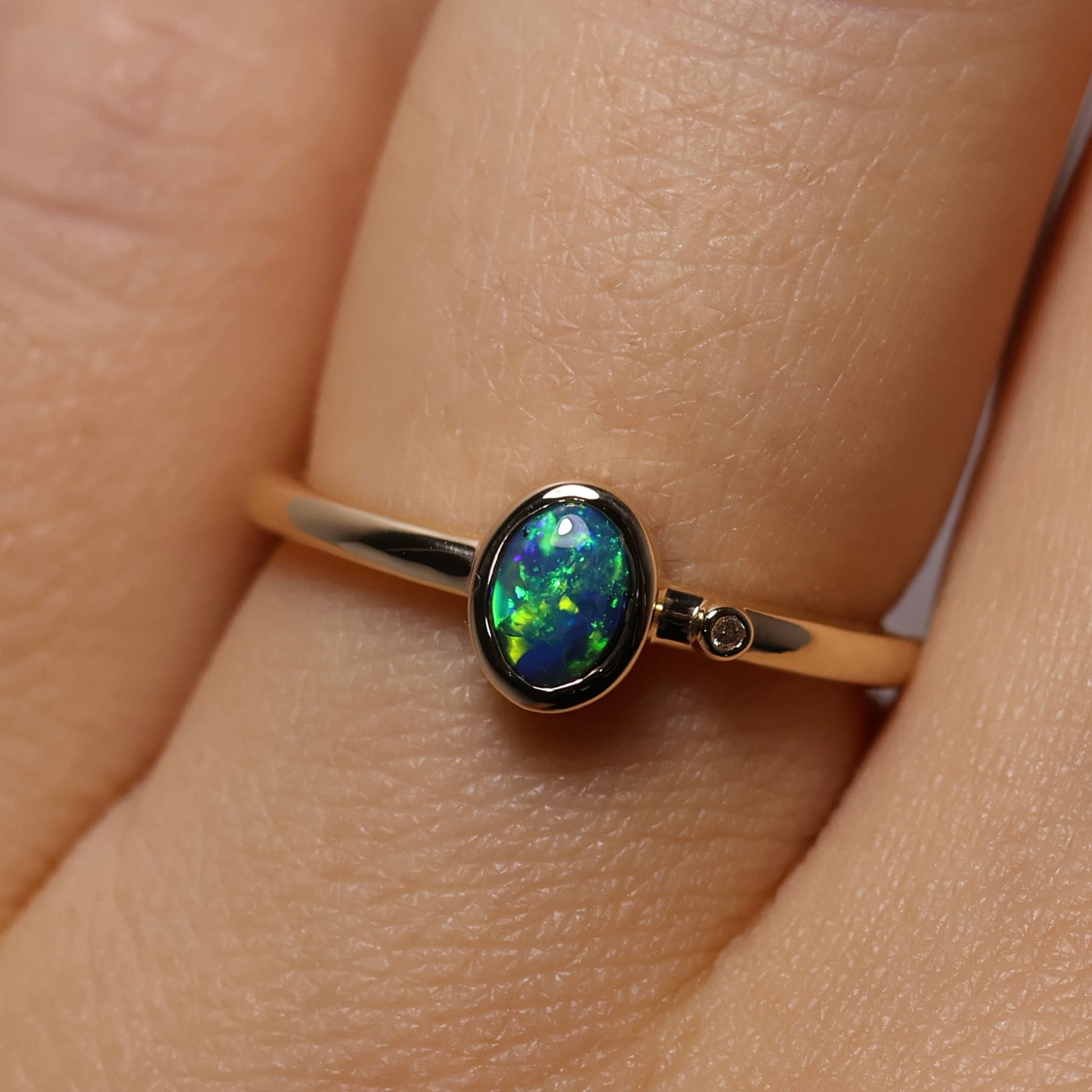 Black Opal Ring with Diamond - 14K Yellow Gold