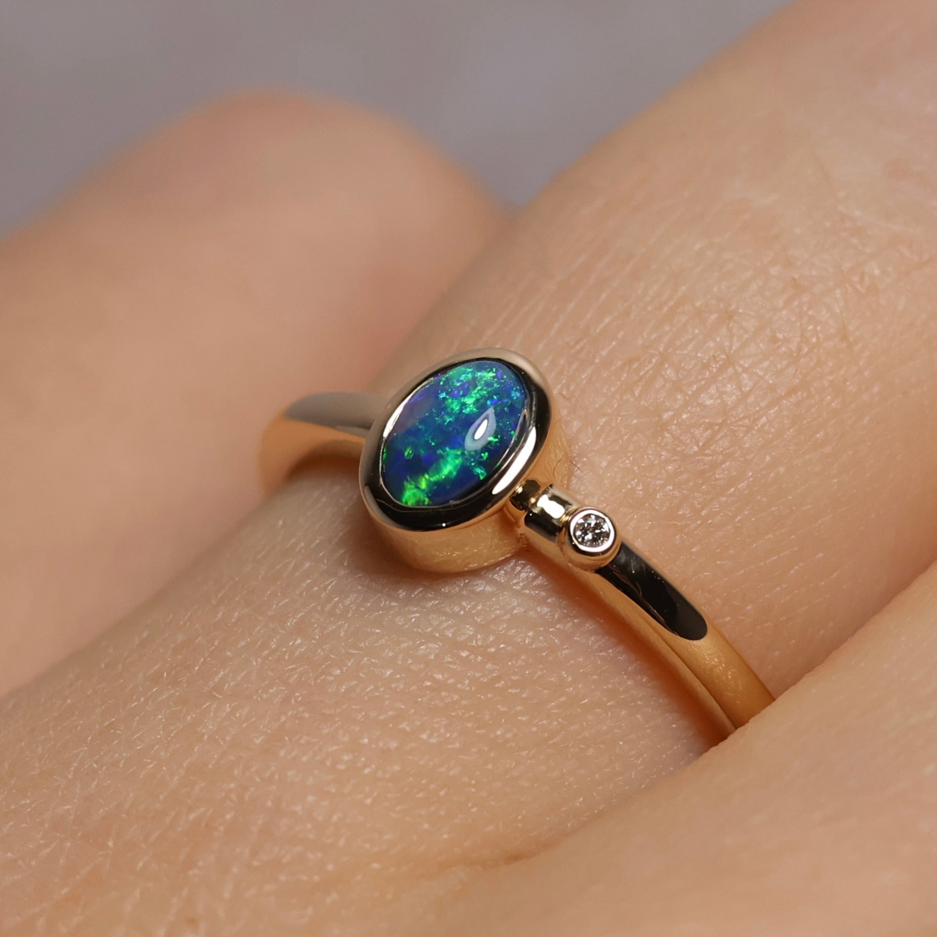 Black Opal Ring with Diamond - 14K Yellow Gold