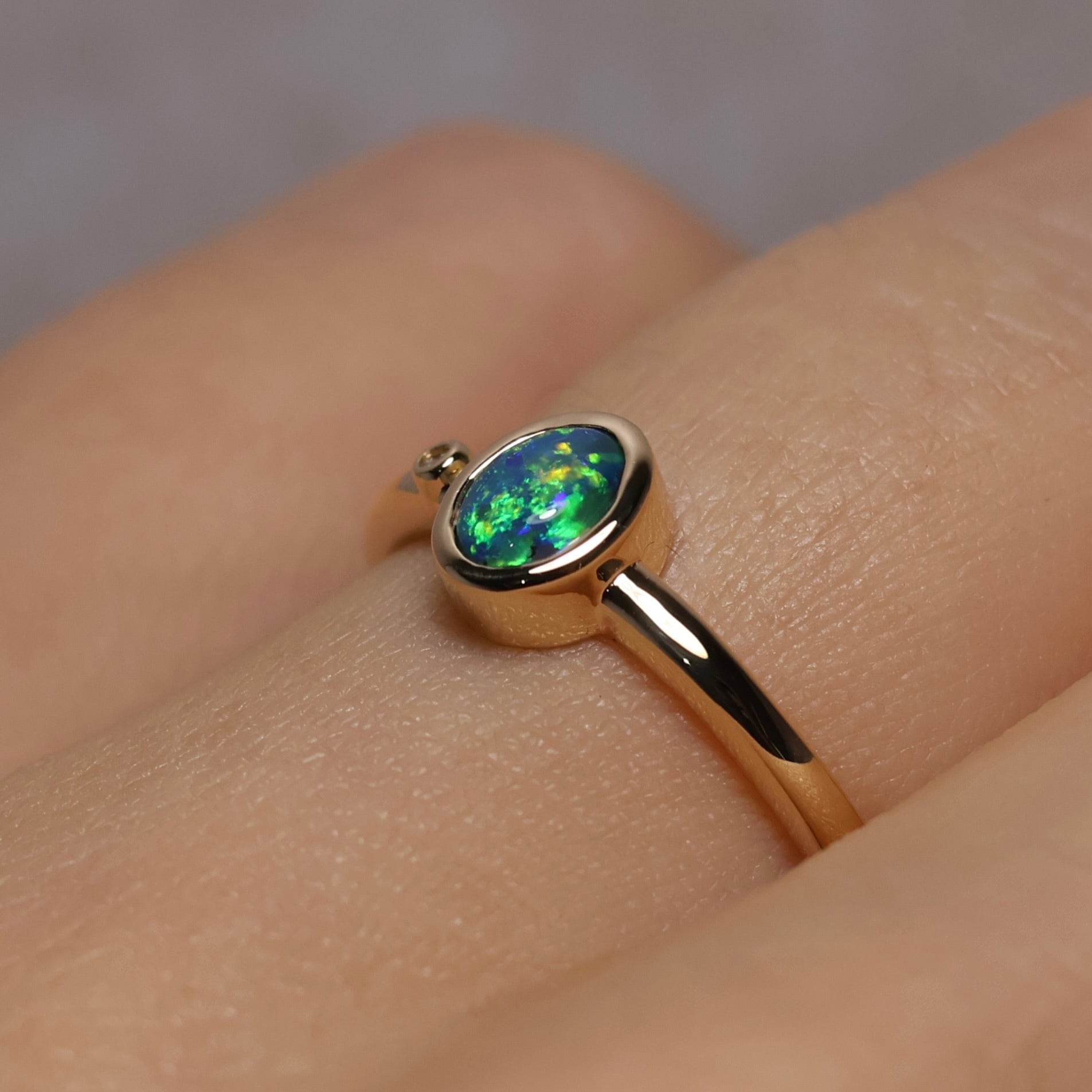 Black Opal Ring with Diamond - 14K Yellow Gold