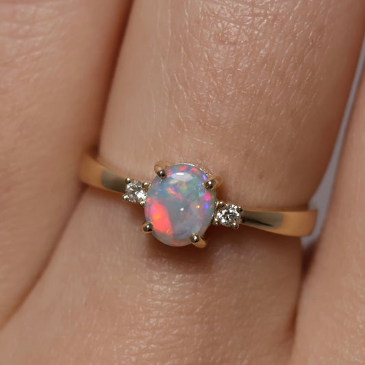 Semi-Black Opal Ring With Diamonds - 14K Yellow Gold