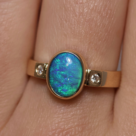 Black Opal Ring With Diamonds - 14K Yellow Gold