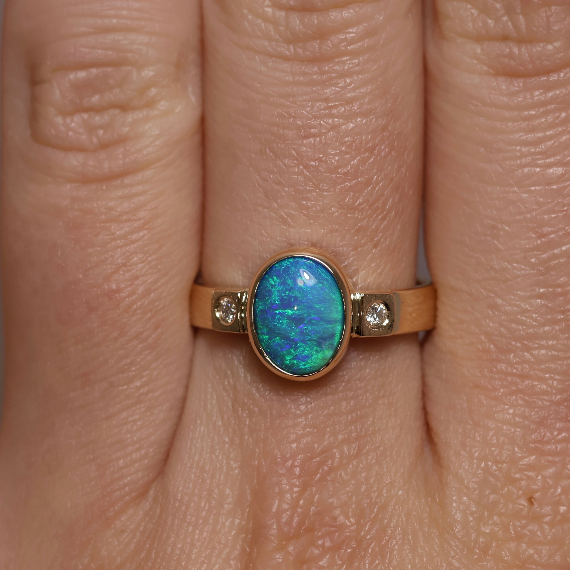 Black Opal Ring With Diamonds - 14K Yellow Gold