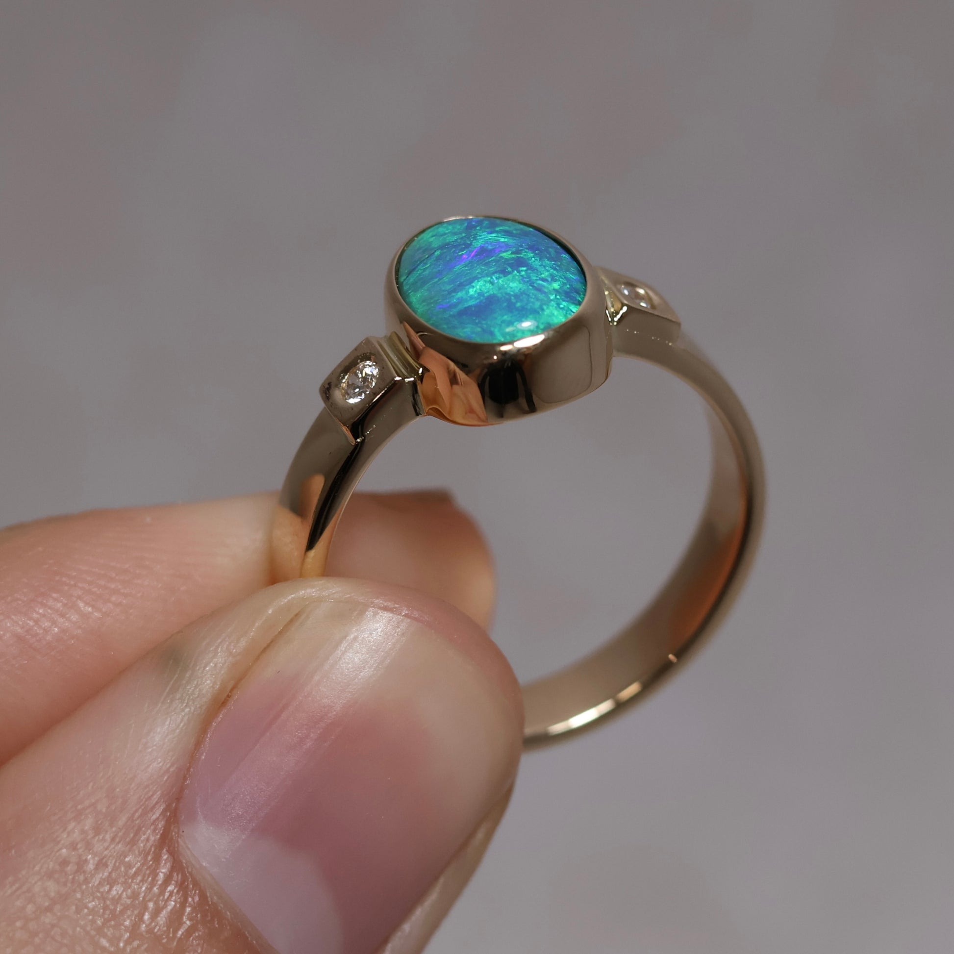 Black Opal Ring With Diamonds - 14K Yellow Gold