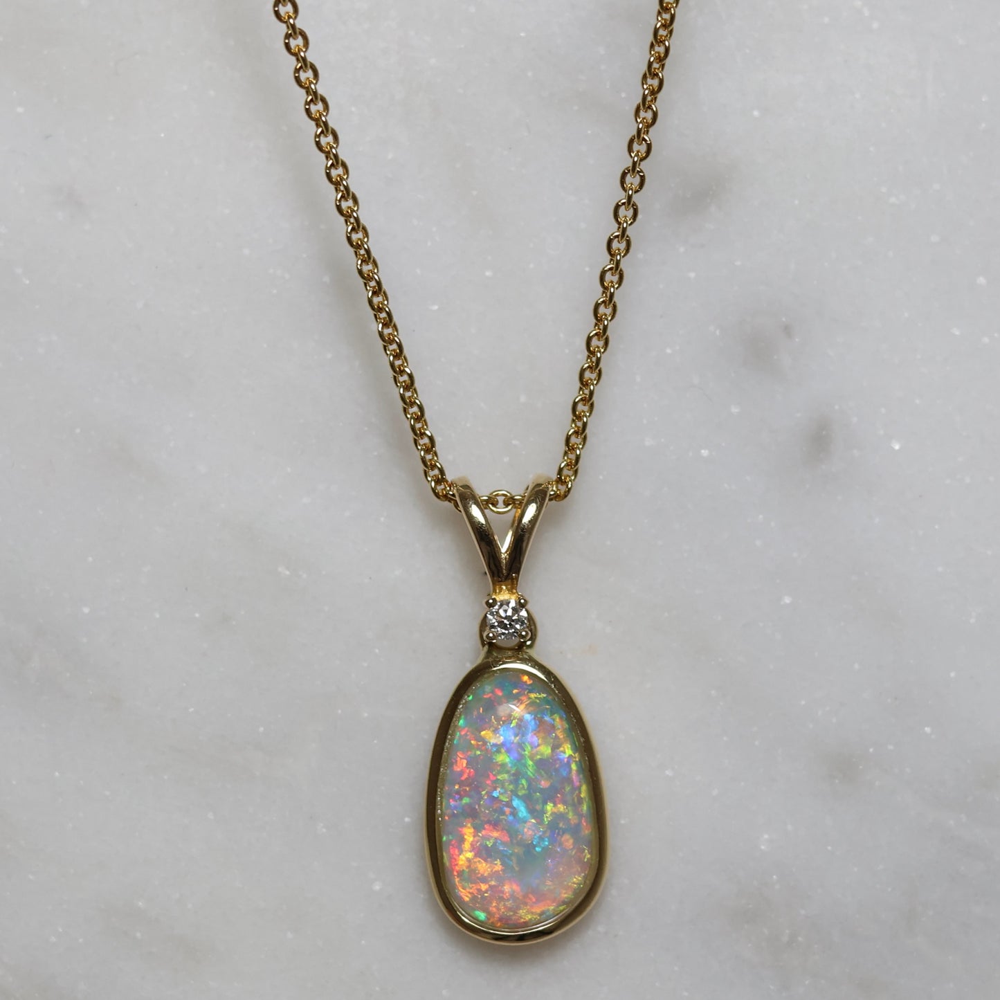 Crystal Opal Pendant With Diamond - 18K Yellow Gold