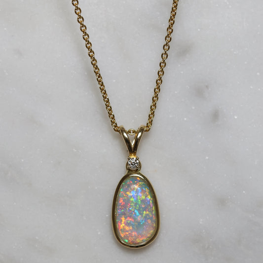 Crystal Opal Pendant With Diamond - 18K Yellow Gold