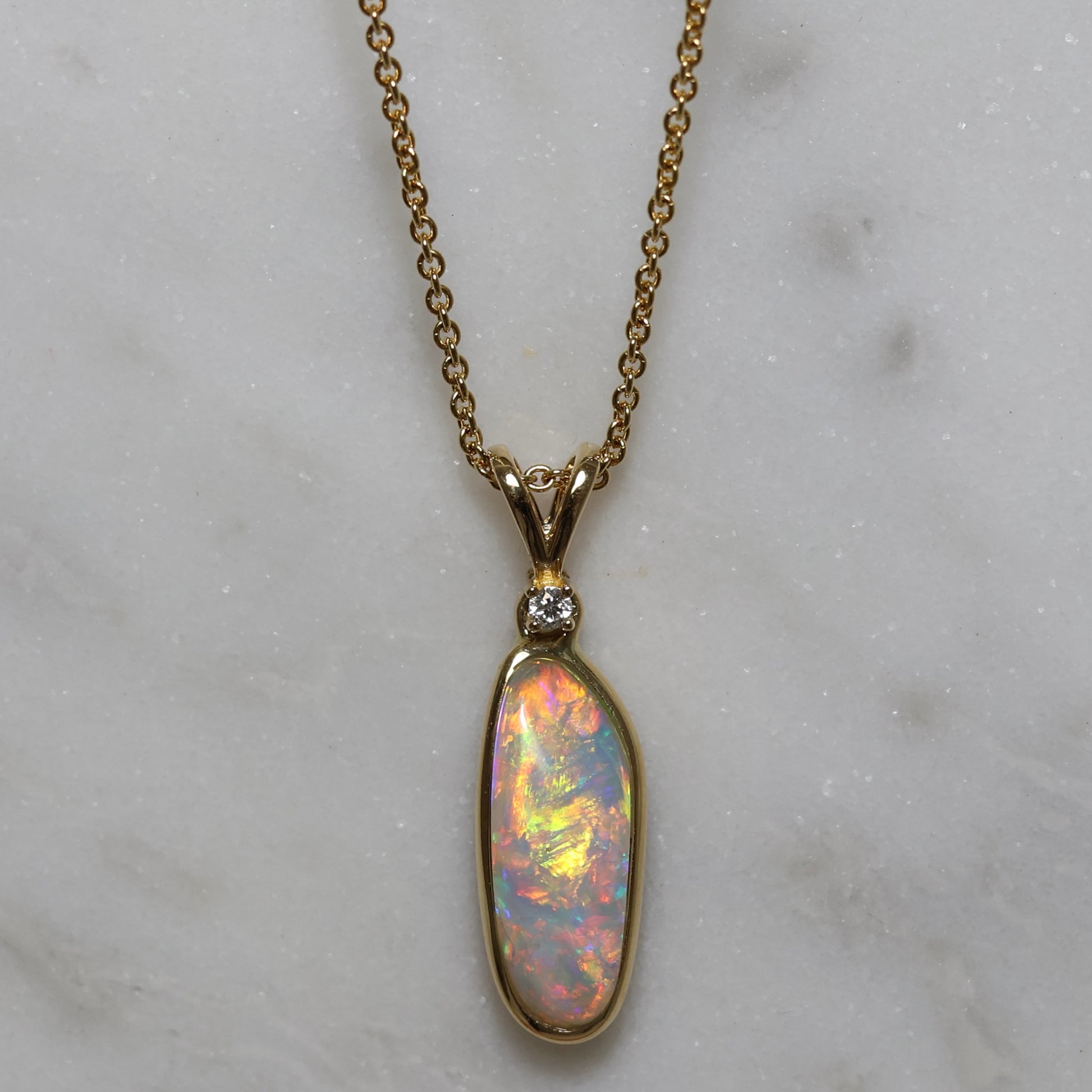Crystal Opal Pendant With Diamond - 18K Yellow Gold