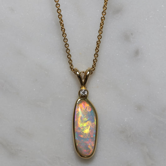 Crystal Opal Pendant With Diamond - 18K Yellow Gold