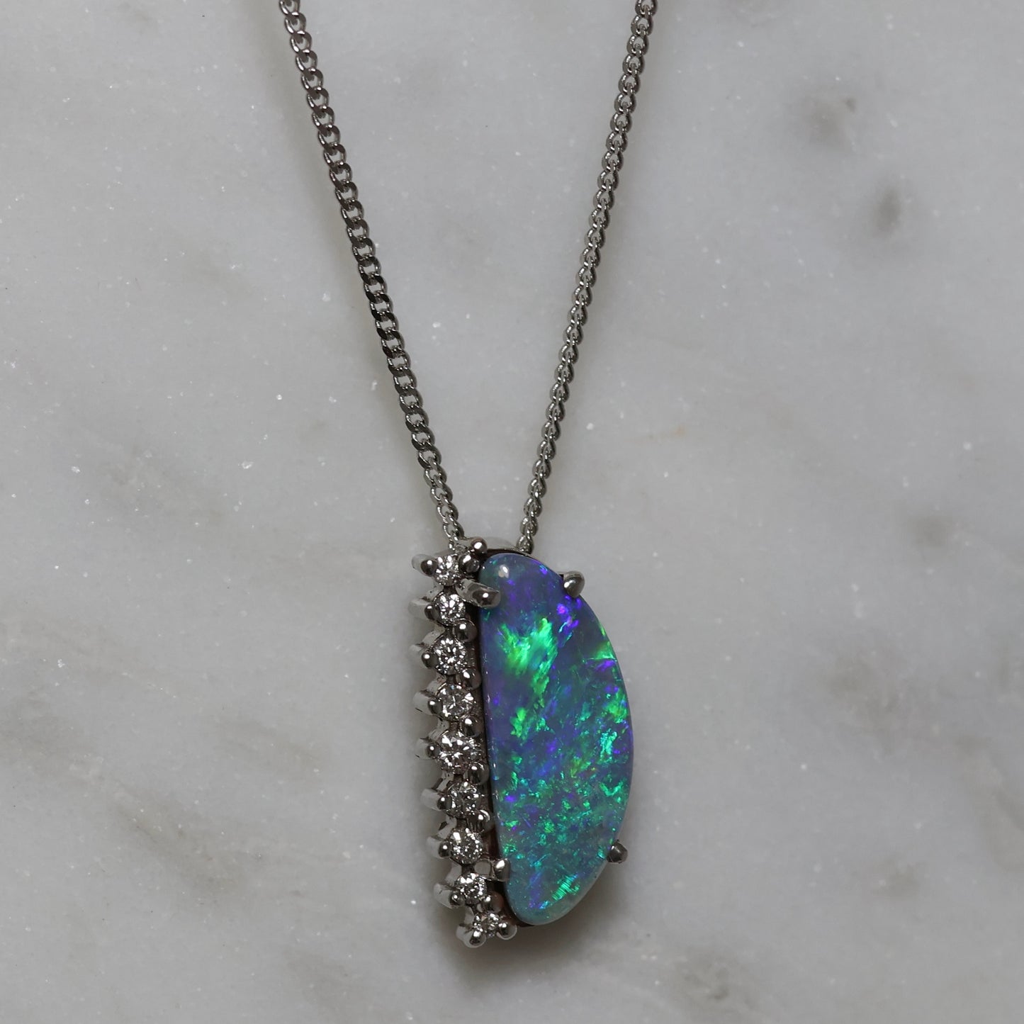 Semi Black Opal Pendant With Diamonds - 18K White Gold