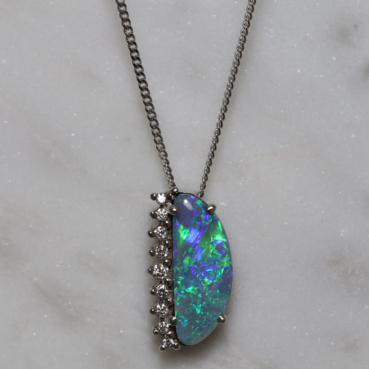 Semi Black Opal Pendant With Diamonds - 18K White Gold